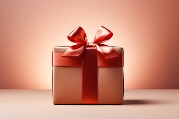  gift box with a satin ribbon and bow on peach fuzz color background. Color of the year 2024 concept.