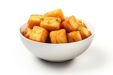 Bowl of crunchy fried tofu isolated on a white background - obrazy, fototapety, plakaty