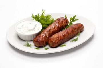 Cevapcici with dip and herbs on a white plate isolated on a white background