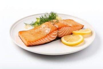 Grilled salmon fish fillet with lemon slice and herbs on a white plate isolated on a white...