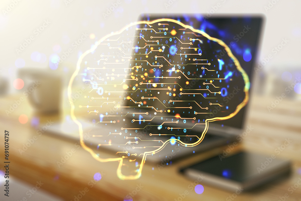 Wall mural creative artificial intelligence concept with human brain hologram and modern desktop with computer 
