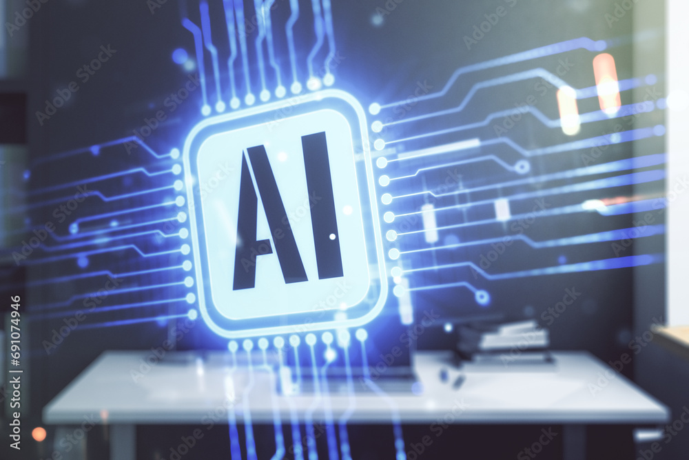 Poster double exposure of creative artificial intelligence icon and modern desktop with laptop on backgroun