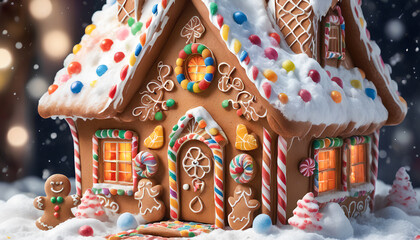 Fototapeta na wymiar gingerbread house adorned with candies, generative AI