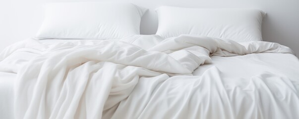 White folded duvet lying on white bed background. Preparing for winter season, household, domestic activities, hotel or home textile