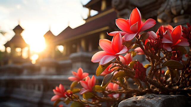 The allure of red Frangipani flowers gracing an ancient temple, bathed in the golden light of late afternoon. Generative Ai