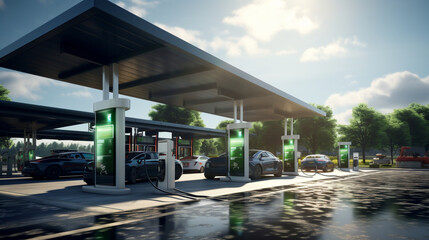  a lineup of electric and hybrid cars charging at a solar-powered charging station, underlining the eco-friendly aspects of modern automotive technology in realistic HD detail