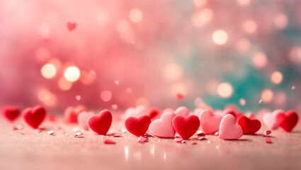 Valentine's day greeting card with blurred background and red hearts