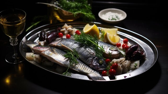 Sild - Marinated herring, a variety of flavors on a serving platter, Nordic kitchen scene