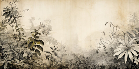 abstract old paper, vintage wallpaper with tropics. ink drawing with place for text.