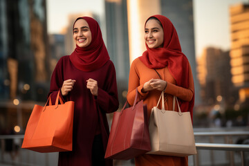 Happy friends in abaya , middle eastern women with shopping bags and talking while shopping. Generative AI - obrazy, fototapety, plakaty