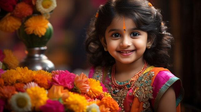 A vibrant portrait of a young child participating in Navami celebrations, their innocent eyes filled with wonder and joy as they hold a floral offering, surrounded by the colorful