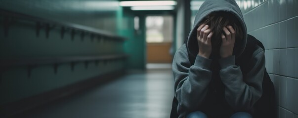 Upset boy covered his face with hands standing alone in school corridor. - obrazy, fototapety, plakaty