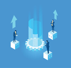 Successful business people working in server room, using technology for business, artificial intelligent, neural network for business. Isometric illustration