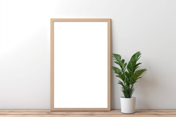 Vertical white frame mock up. Wooden frame poster on wooden floor with white wall. 