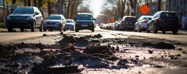Very bad quality street with potholes. Damaged asphalt pavement road with potholes in city  - obrazy, fototapety, plakaty