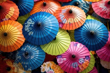 Vibrant Parasols: Colorful parasols in gardens or parks - obrazy, fototapety, plakaty