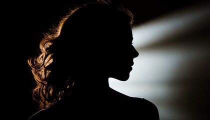 a silhouette of a woman's head turned to the side with white light from the right