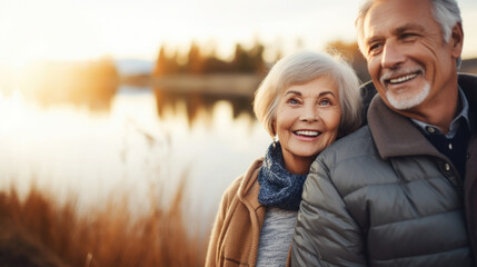 Smiling elderly couple fishing, blurry lake scene at sunrise. Conscious longevity.