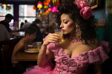 A classy princess woman with pink dress is sitting in the bar club behind table and drinking orange cocktail, braid girl portrait, generated by AI. - obrazy, fototapety, plakaty