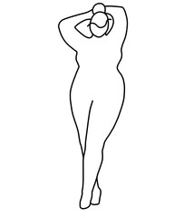 Silueta de mujer talla grande xxl. Figura de mujer a línea negra. Ilustración de chica posando con manos en la cabeza. Dibujo sin fondo