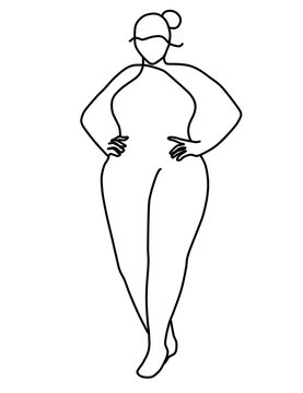 recommend clip art: Silueta de mujer talla grande xxl. Figura de mujer a línea negra. Ilustración de chica posando con manos en la cintura. Dibujo sin fondo 