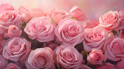 The allure of tempting pink roses, bathed in soft morning light. Generative Ai - obrazy, fototapety, plakaty