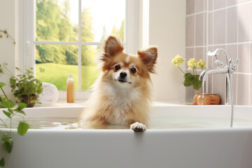 Cute dog is waiting for his owner for a bath in the bathroom - obrazy, fototapety, plakaty