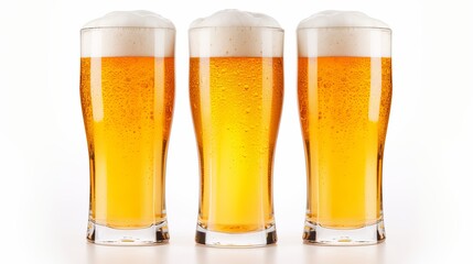 Three Glasses Filled with Beer on a Clean White Surface