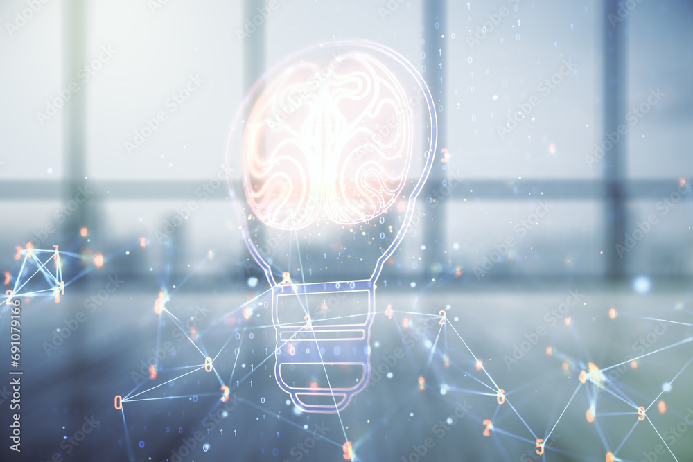 Aufkleber Abstract virtual idea concept with light bulb and human brain illustration on empty corporate office background. Neural networks and machine learning concept. Multiexposure