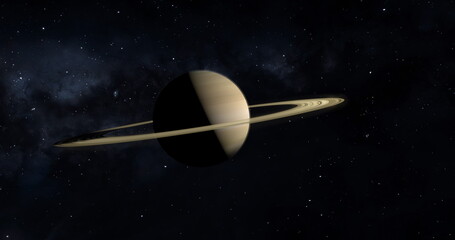Saturn planet with rings in outer space among stars.