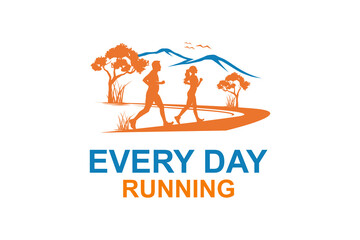Logo of athlete running marathon outdoors nature view and mountains.