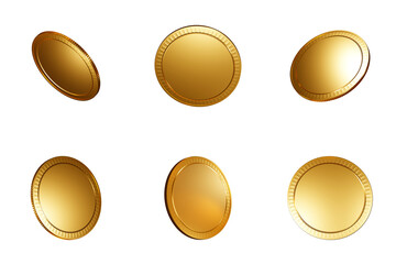 6 Glossy Thin Gold Coins set PNG. Transparent background