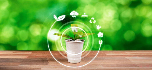 Green plant with eco digital design icon symbolize environmental friendly practice with ESG...