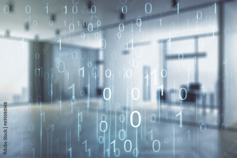 Aufkleber Abstract virtual binary code illustration on a modern furnished office background. Big data and coding concept. Multiexposure