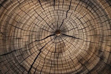 A close up macro texture and pattern of the aged grungy cracked tree trunk wallpaper, brown color and high detailed tree wood, round circle wood body, generated by AI.
