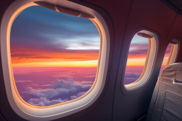 Himmelserwachen: Faszinierender Blick aus einem Flugzeugfenster auf endlose Horizonte - obrazy, fototapety, plakaty