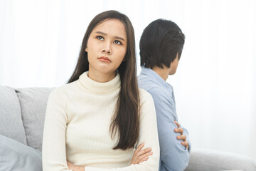 Breakup and depressed, asian young quarrel couple love fight relationship in trouble. Different...