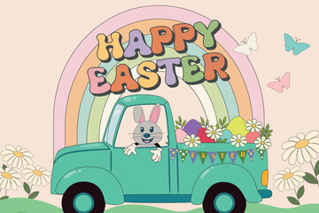 Happy Easter vintage stickers cute rabbit character. Trendy Easter design with typography, flowers, eggs, in pastel colors.  Spring holiday concept in trendy retro 60s 70s cartoon style.
