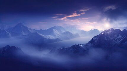 Mountain range with visible silhouettes through the morning fog. Panoramic view. Illustration for cover, card, postcard, interior design, banner, poster, brochure or presentation.