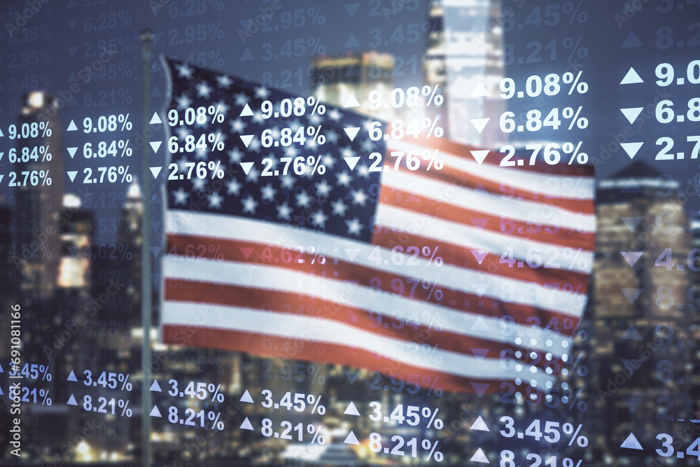 Poster multi exposure of abstract virtual graphic data spreadsheet sketch on us flag and skyline background