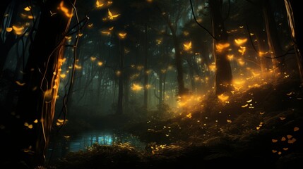 Fireflies in a magical forest.