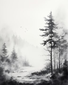A minimal watercolor painting of a hill forest and lake in a misty foggy day, black and white ink artwork, generated by AI.