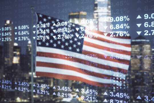 Multi exposure of abstract virtual graphic data spreadsheet sketch on US flag and skyline background, analytics and analysis concept