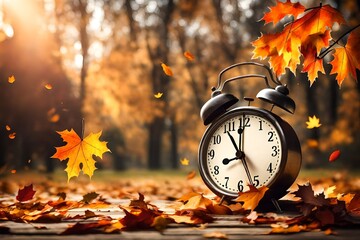 Naklejka na ściany i meble Daylight Savings Ends, Fall Back Time, Clock Alarm At Dawn With Falling Leaves, Winter Time Returns