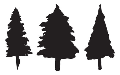 Hand drawn fir trees, vector illustration. Tree silhouettes. Isolated on a white background. Black ink and brush sketches. Suitable for greeting cards, posters, flyers.