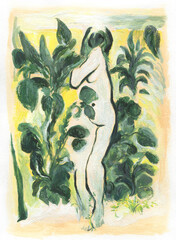 abstract woman with plants. watercolor painting. illustration - 691081531