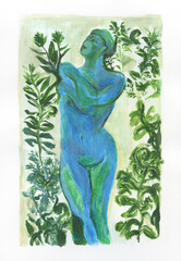 abstract woman with plants. watercolor painting. illustration - 691081543