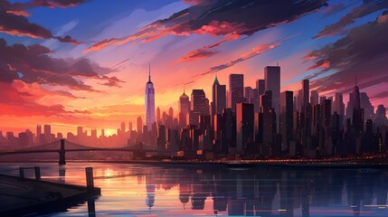  A beautiful cityscape of New York at sunset, with the buildings reflecting in calm waters and vibrant colors painting the sky above them