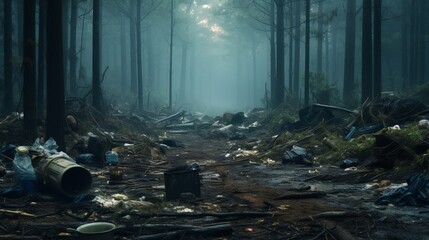 Garbage is scattered in the forest. - obrazy, fototapety, plakaty