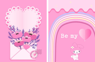 Valentines card with cute kawaii cartoon character bunny and flowers on pink background 